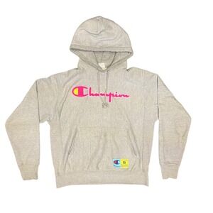 Champion Reverse Weave Hoodie Heather Gray Pink Script Logo Mens Medium